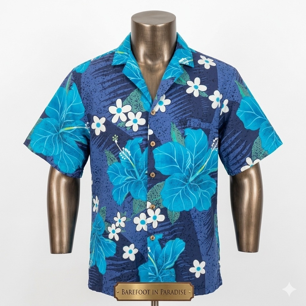 Barefoot in Paradise Vintage Men’s Blue Hawaiian Floral Shirt Size Large USA